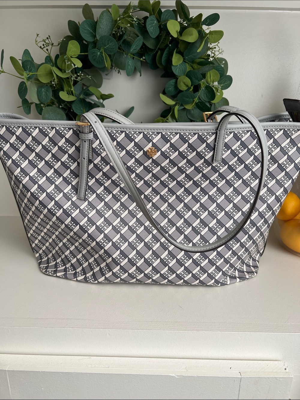Tory Burch Gray and White Patterned Tote